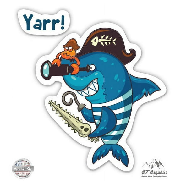 Pirate Shark - 3" Vinyl Sticker - For Car Laptop I-Pad Phone Helmet Hard Hat - Waterproof Decal
