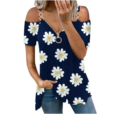 

Womens Summer Cold Shoulder Tops Lace 3/4 Sleeve T Shirts Casual V Neck Zip Up Floral Print Blouse