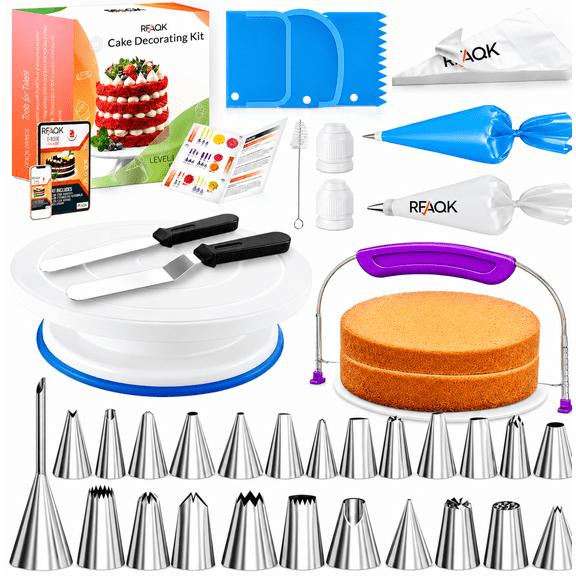 RFAQK 65 Pcs Cake decorating supplies with Cake Turntable-Cake leveler- 24 Numbered Icing Piping Tips with Pattern Chart and EBook- Straight & Angled Spatula-30 Icings Bags- 3 Icing Comb Scraper set