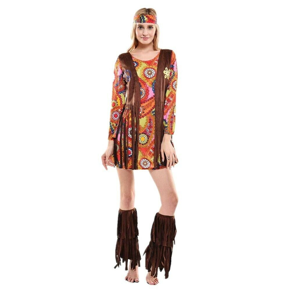 Women 60s 70s Hippie Costume Groovy Dress Cosplay Halloween Party Outfit,L - Walmart.com