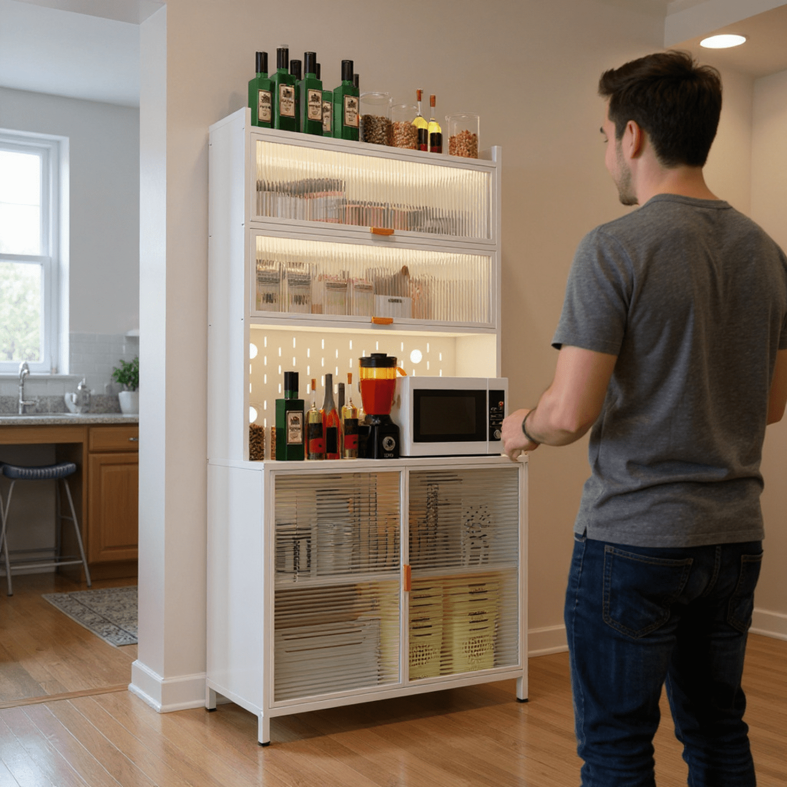Homy Casa Tall Pantry Cabinet with Glass Sliding Doors and Multi-Layer Storage for Kitchen, White