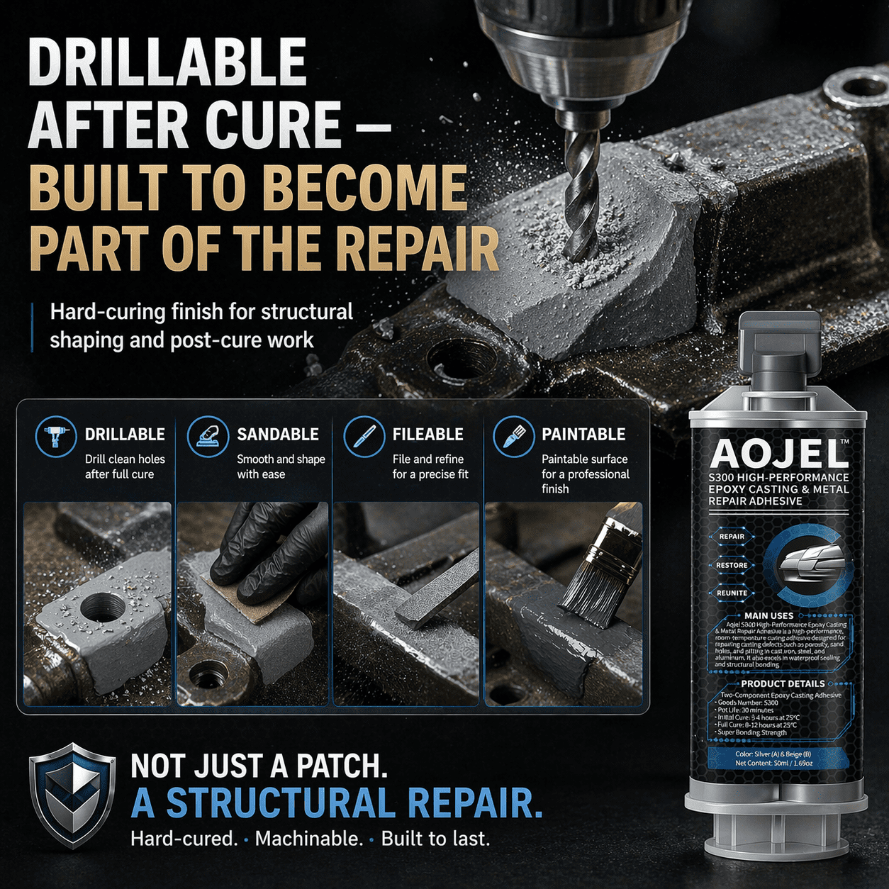 AOJEL S300 Metal Epoxy Adhesive, 2-Part Repair Glue for Metal & Aluminum, 2-Pack, 3.38 oz