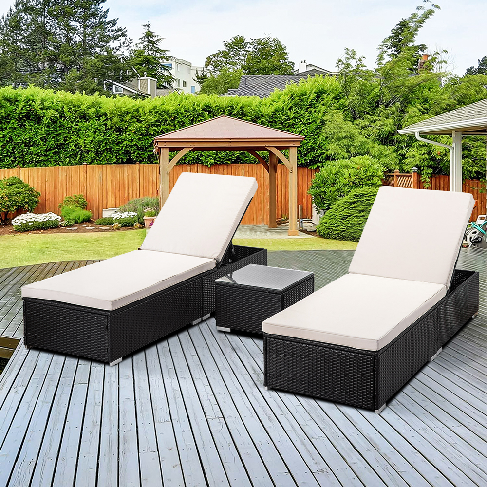 3-Piece Outdoor Patio Furniture Set Chaise Lounge, Patio Reclining Rattan Lounge Chair Chaise Couch Cushioned with Glass Coffee Table, Adjustable Back and Feet, Lounger Chair for Pool Garden - image 4 of 8