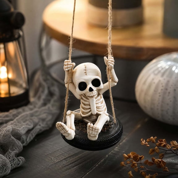 Yaayu Halloween Hanging Skeleton Ornament, Resin Swing Skeleton Decor with Jute Rope, Halloween Decoration Indoor for Tree Wall, White
