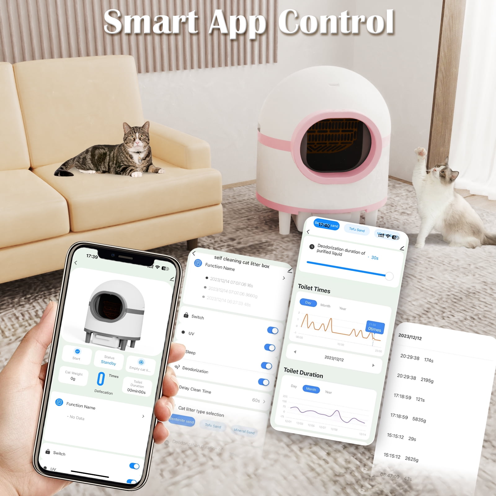 OUDOSPRS Self Cleaning Litter Box, Automatic Cat Litter Box Self Cleaning Large Capacity for Multiple Cats, App-Controlled with Safety Sensors,1 Rolls Garbage Bags,Pink