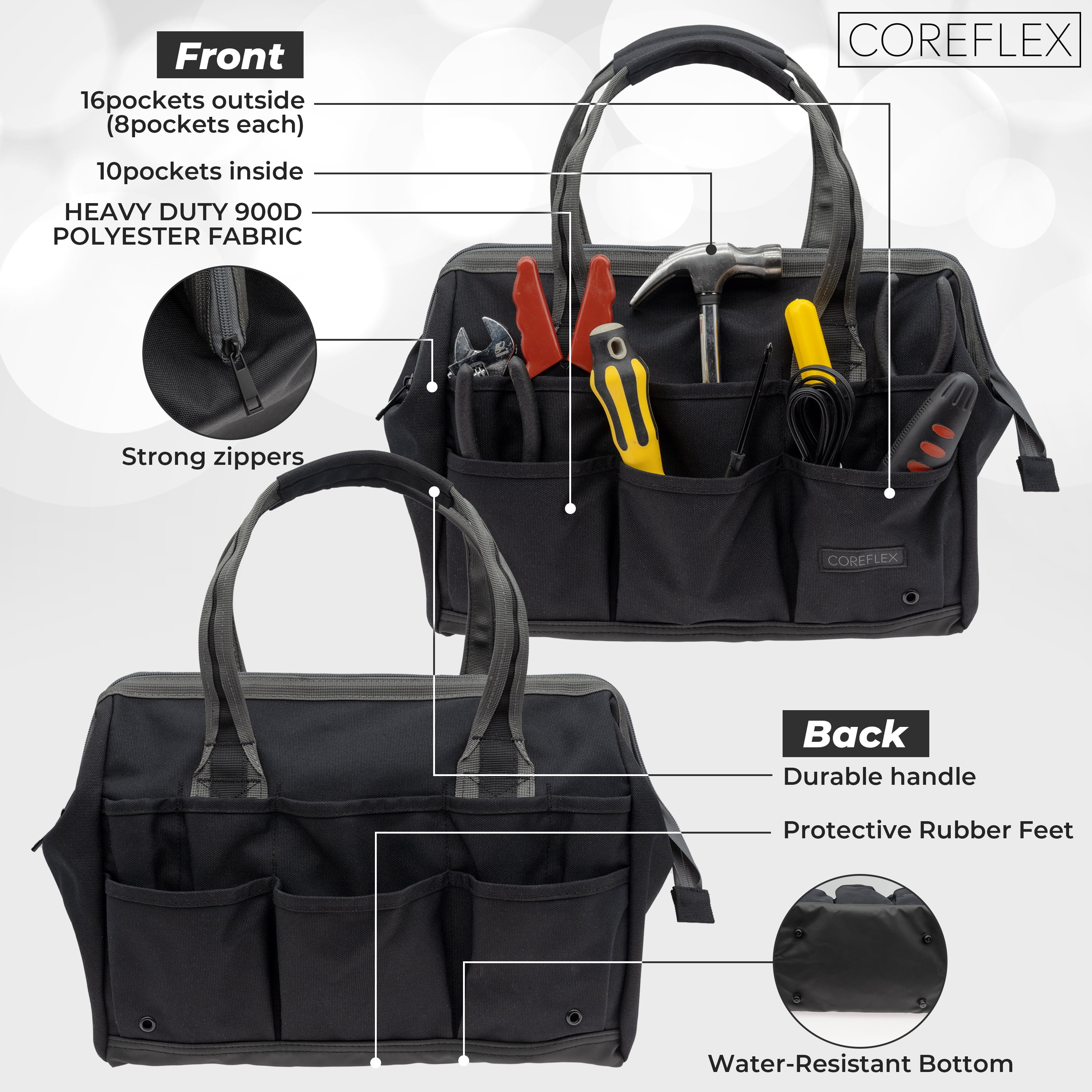 Coreflex Tool Bag, 14inch wide mouth multiple purpose bag for Plumbers, Electricians, Handymen