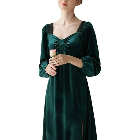 

Womens Gold Velvet Long Sleeved Sexy French Long Nightdress