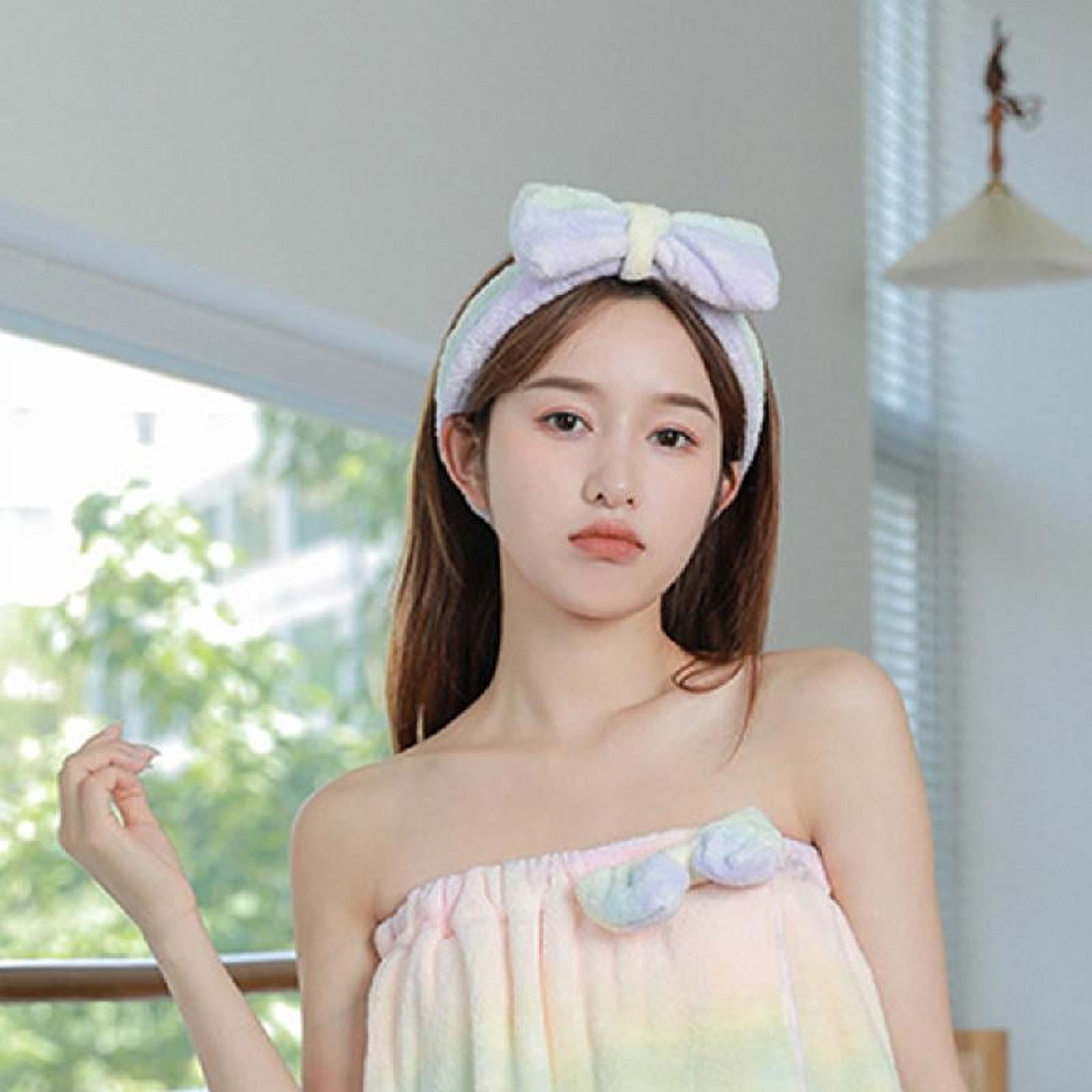 Yammee 3pcs Women Bath Towel Wrap Set Rainbow Striped Shower Bathrobe Hair Cap Headband