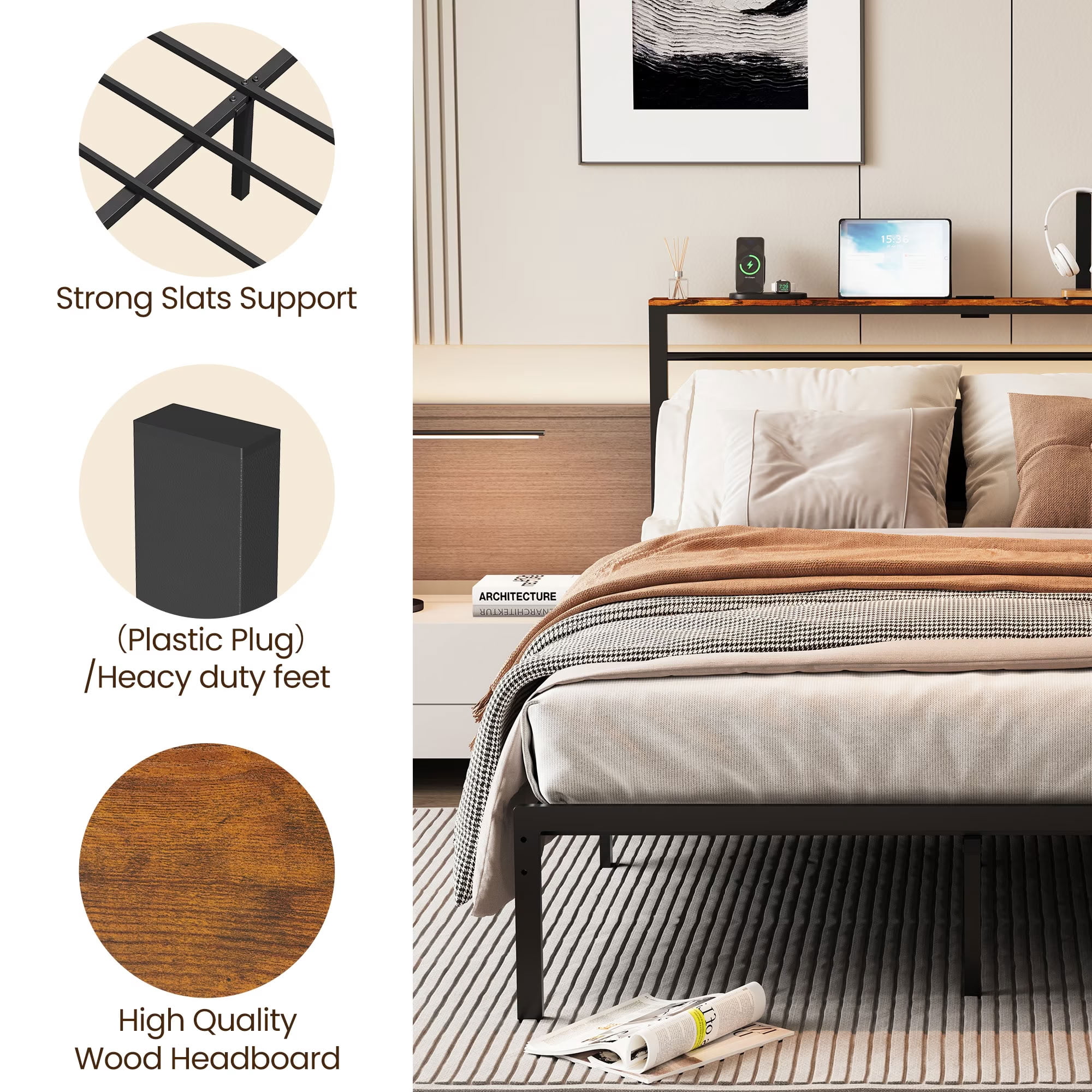 MAYEERTY Twin Size Bed Frame with Headboard and Storage Shelf, Metal Platform Bed with Charging Station, No Box Spring Needed for Bedroom Dorm Room