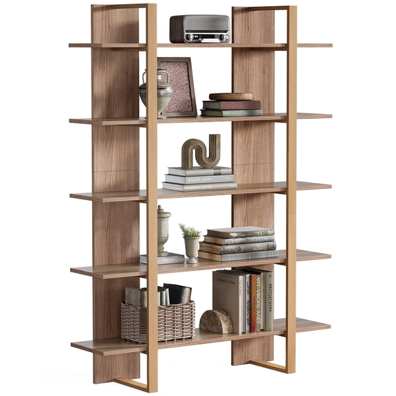 Fnova 5-Tier Modern Storage Shelf Unit, Boho Freestanding Open Bookcase Display for Living Room Bedroom Home Office