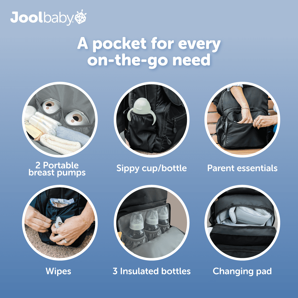 Jool Baby Relay Diaper Backpack With Changing Pad, Insulated Bottle Pockets, Wearable Breast Pump Pockets