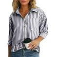 thumbnail image 2 of Lenpel Button down Shirts for Women Trendy 3/4 Sleeve Collared Ruffle Hem Striped Crop Tops Loose Fit Casual Blouses(Black,X-Large), 2 of 7