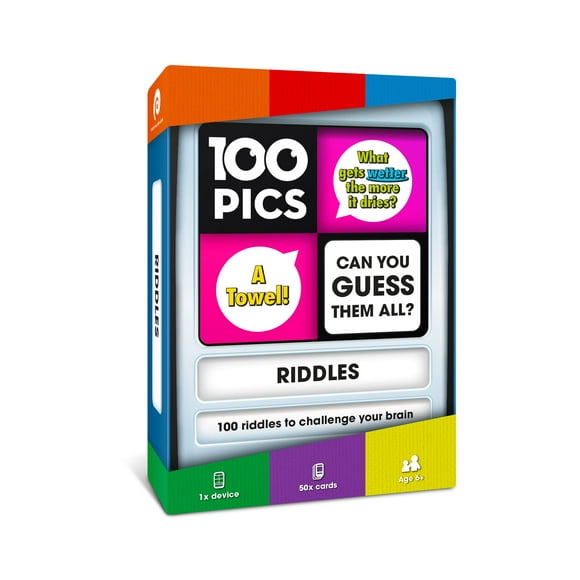 100 PIcS Riddles Travel game - guess 100 Riddles Flash cards with Slide Reveal case card game, gift, Stocking Stuffer Fun for Kids and Adults Ages 6+