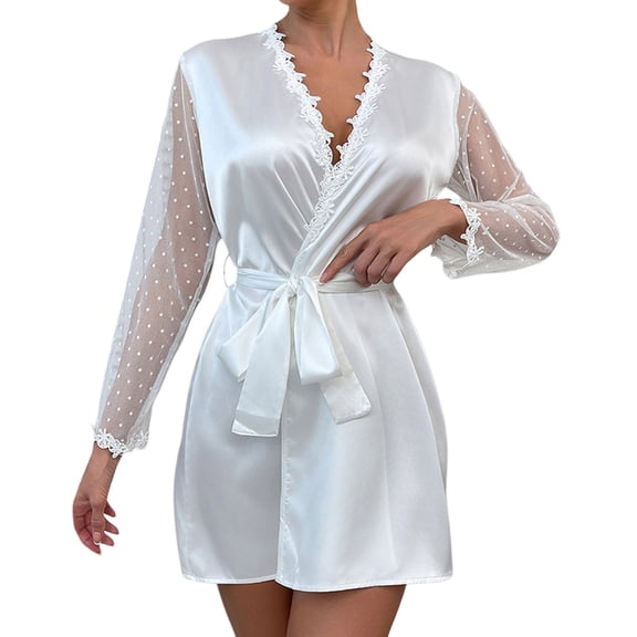 JAJAHO Women Lace Silk Satin Robe Mesh Sheer Long Sleeve Bathrobe V Neck Tie Waist Sleepwear Wedding Robes Stylish Home Clothes