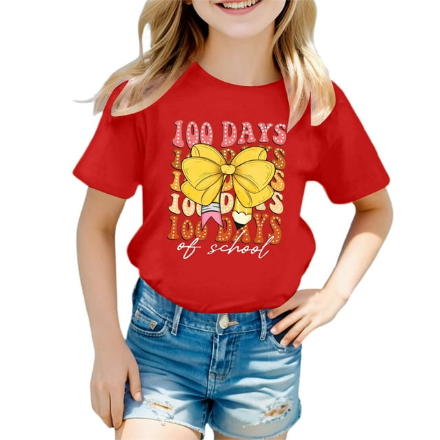 LUOGENLI T-Shirt pour Filles Enfants Mode Décontractée Imprimé Col Rond Ample Manche Courte T-Shirt Haut Floral Maxi Hauts avec Fente Rouge 10-11 Ans