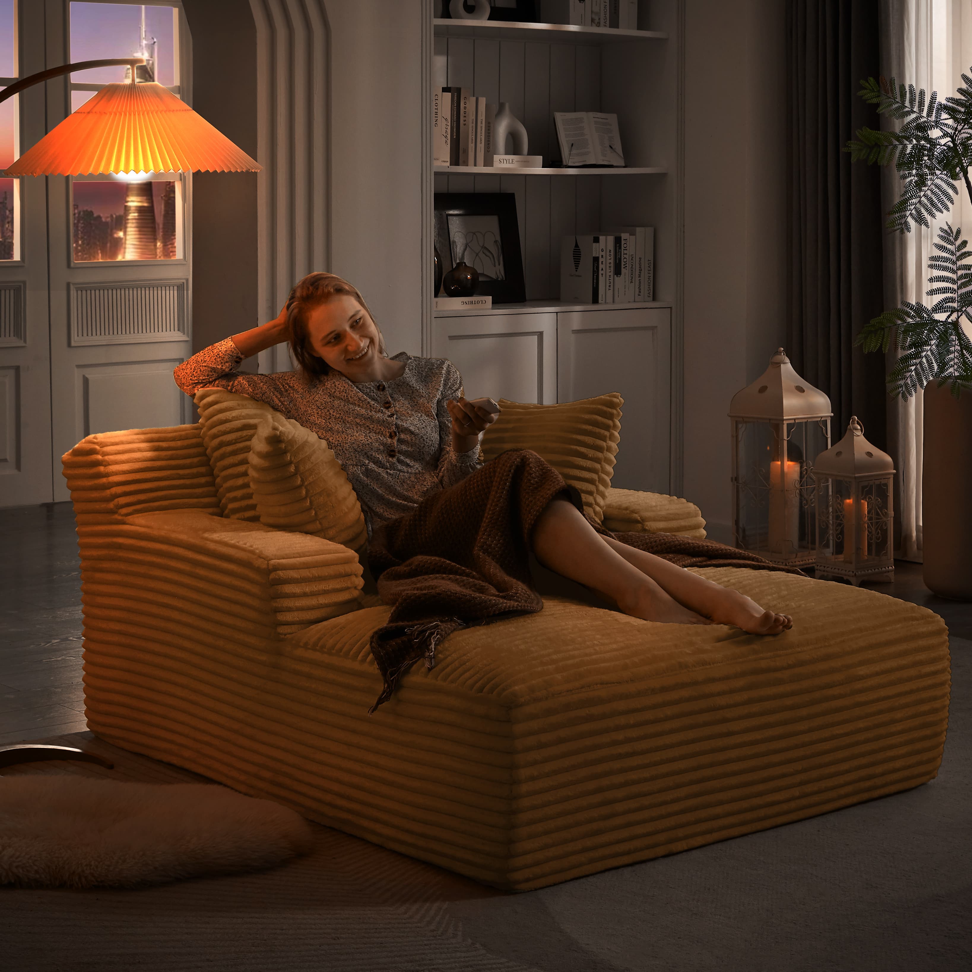 MAYEERTY Oversized Corduroy Chaise Lounge Chair, Boneless Comfy Sleeper, No Assembly for Living Room Office