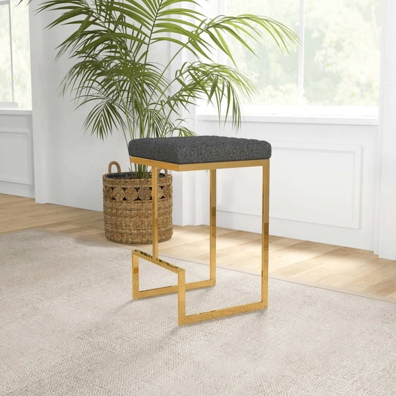 Mid Century Modern Luxury Upholstered Stool with Grey Boucle Fabric for Small Dining Room and Living Room, Space Saving Comfortable Counter Height Accent Stool