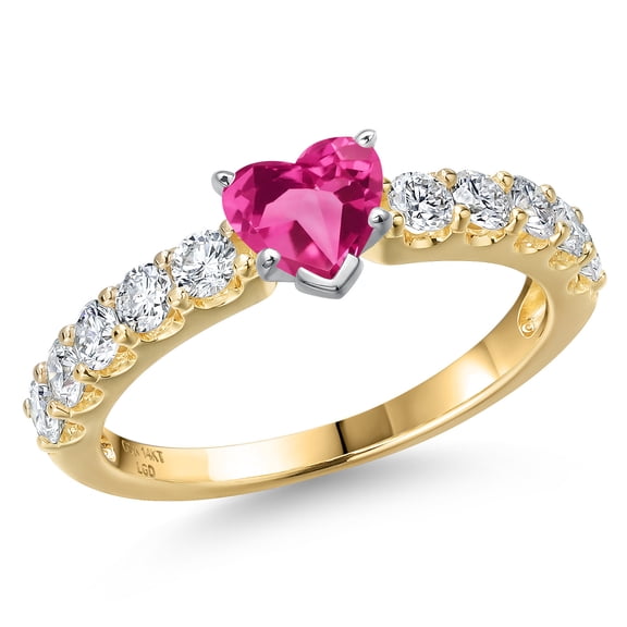 Gem Stone King 14K Two Tone Gold Pink Created Sapphire and Lab Grown Diamond Engagement Ring for Women | 1.25 Cttw | Heart Shape 5MM | Gemstone September Birthstone | Size 8