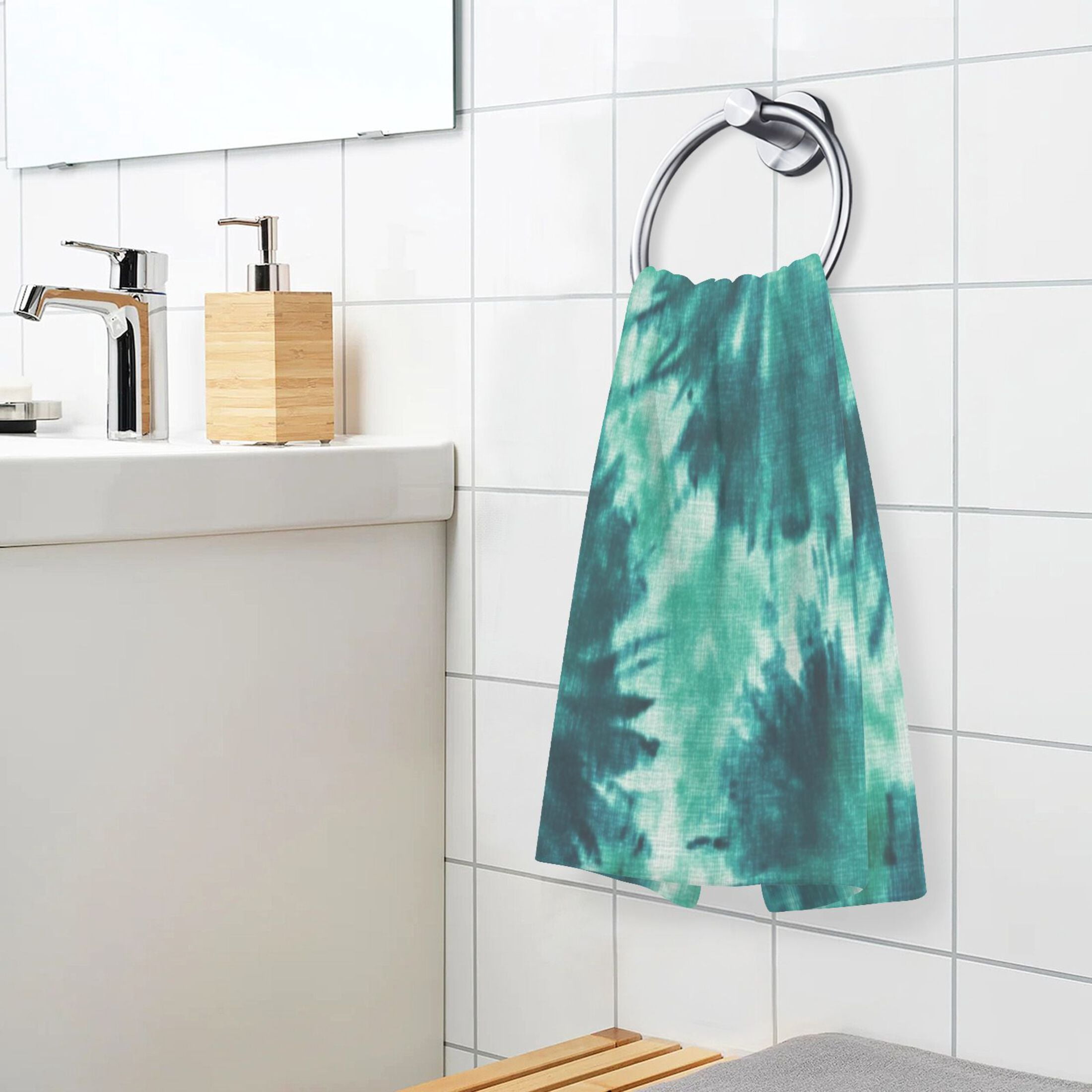 2 Pcs Absorbent Face Towel Bath Hand Towels Soft Breathable Cotton Towel Set for Bathroom Kitchen Hotel Spa Decor Dark Teal Tie-dye Pattern