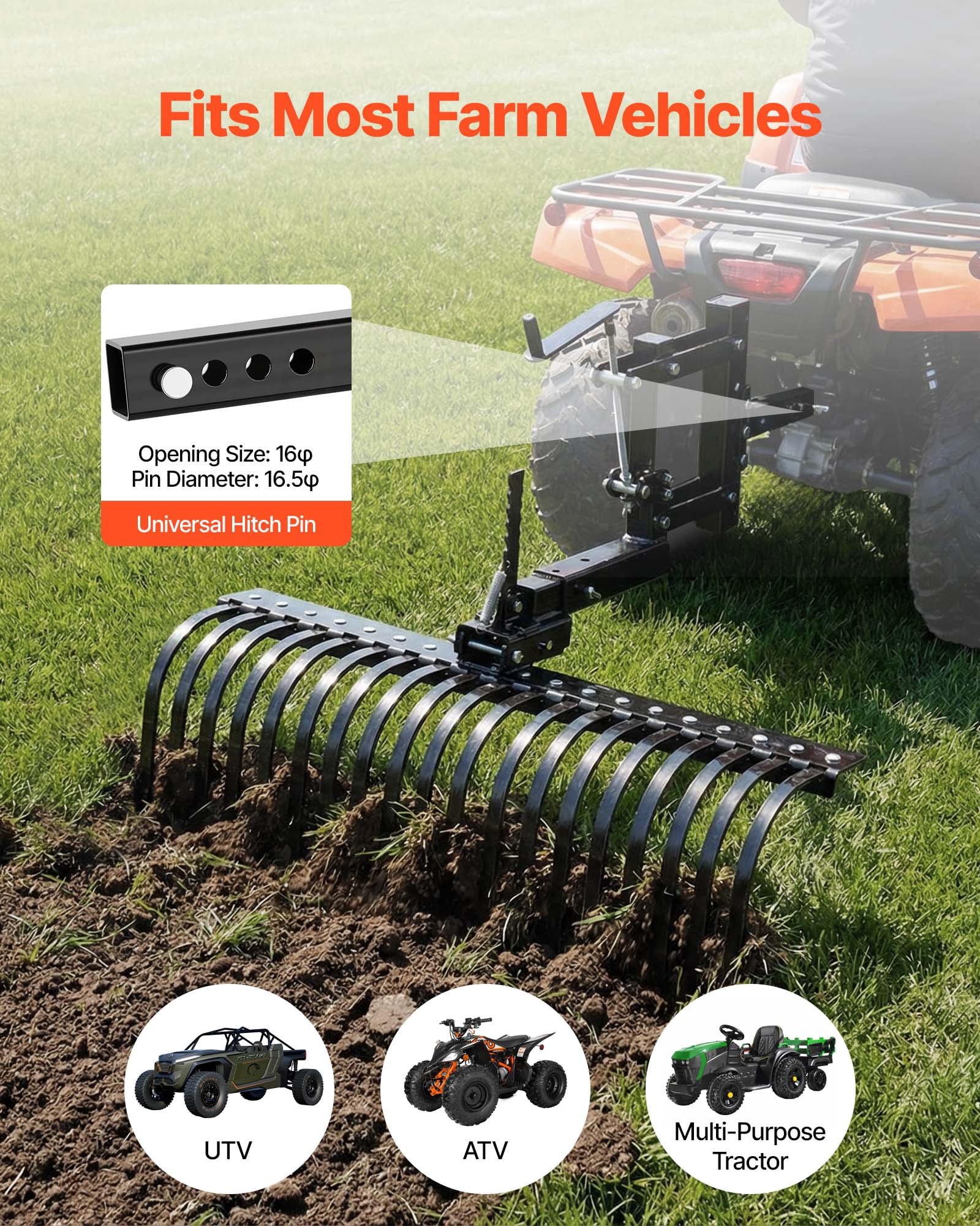 VEVOR 42 in Tow Behind Landscape Rake, 3-Point Lawn Rock Rake with Blade & Lift Lever, Fit Category 1 ATVs UTVs Lawn Tractors, Heavy Duty Dethatcher Rake for Debris Leaves Thatch