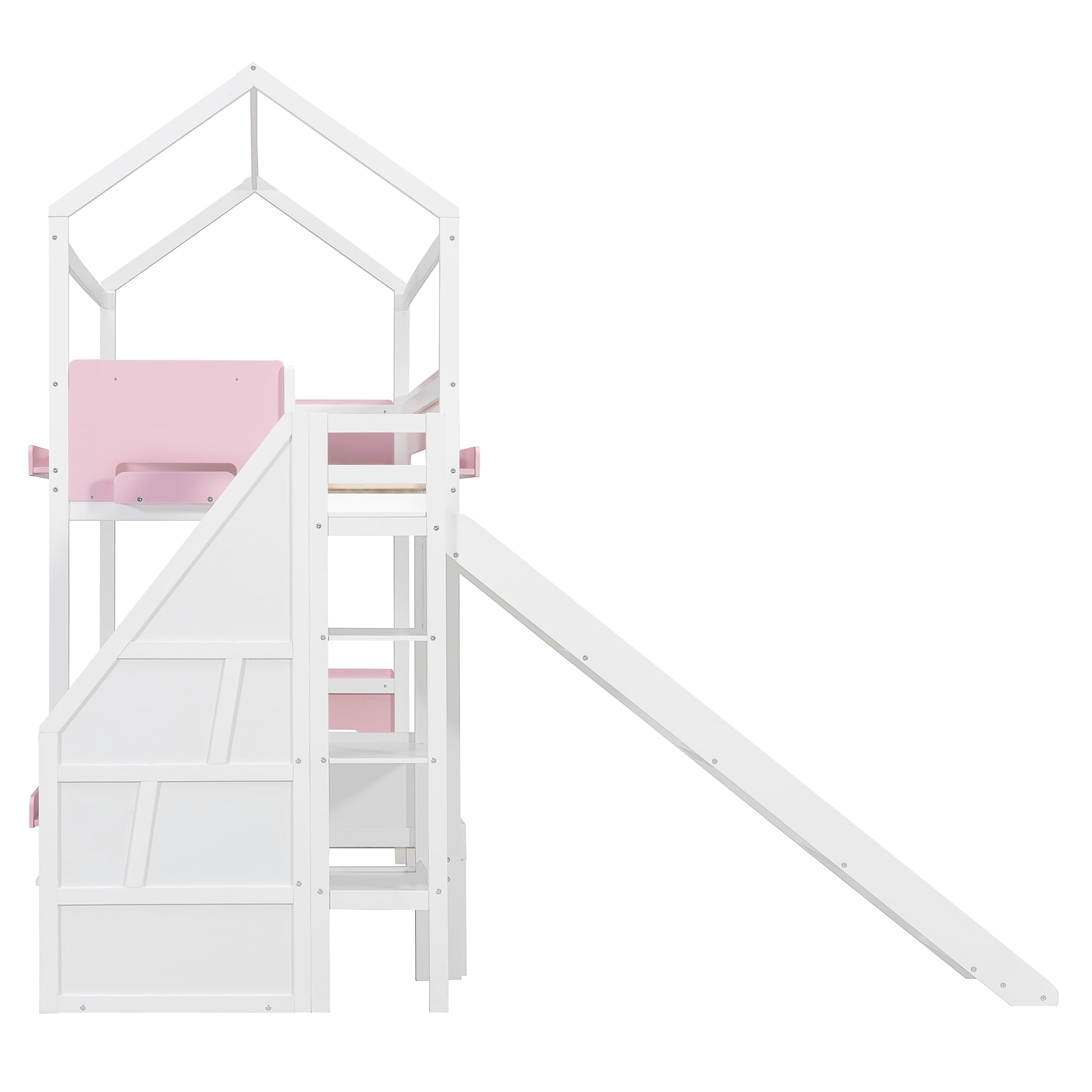 Mintazer Kids Twin Over Full Bunk Bed House-Shaped Bed Frame with Slide & Storage Staircase for Children Bedroom, Pink