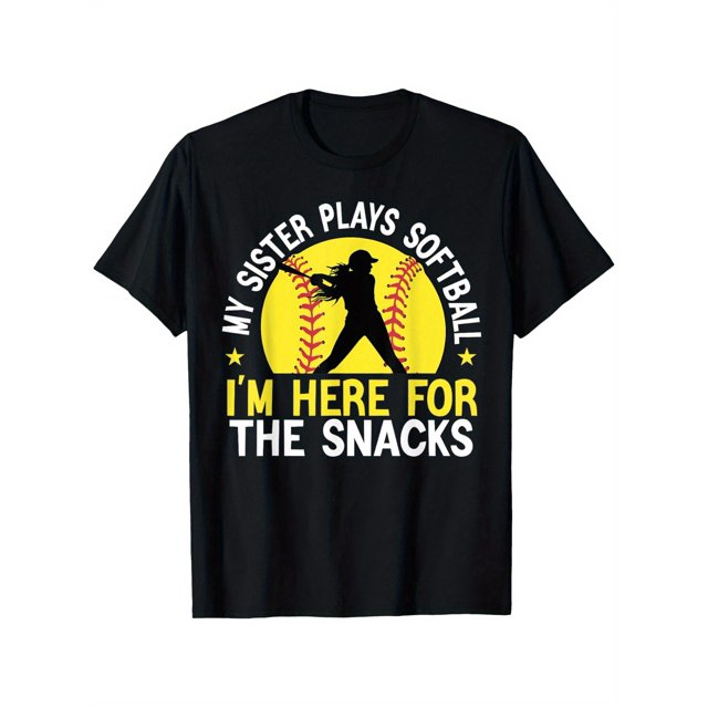 My Sister Plays Softball I'm Here for The Snacks T-Shirt – Unisex Youngsters' Breathable Cotton Tee, Black with Yellow Graphic Design, Perfect Gift for Boys & Girls, Sports-Themed Parties & Casual At
