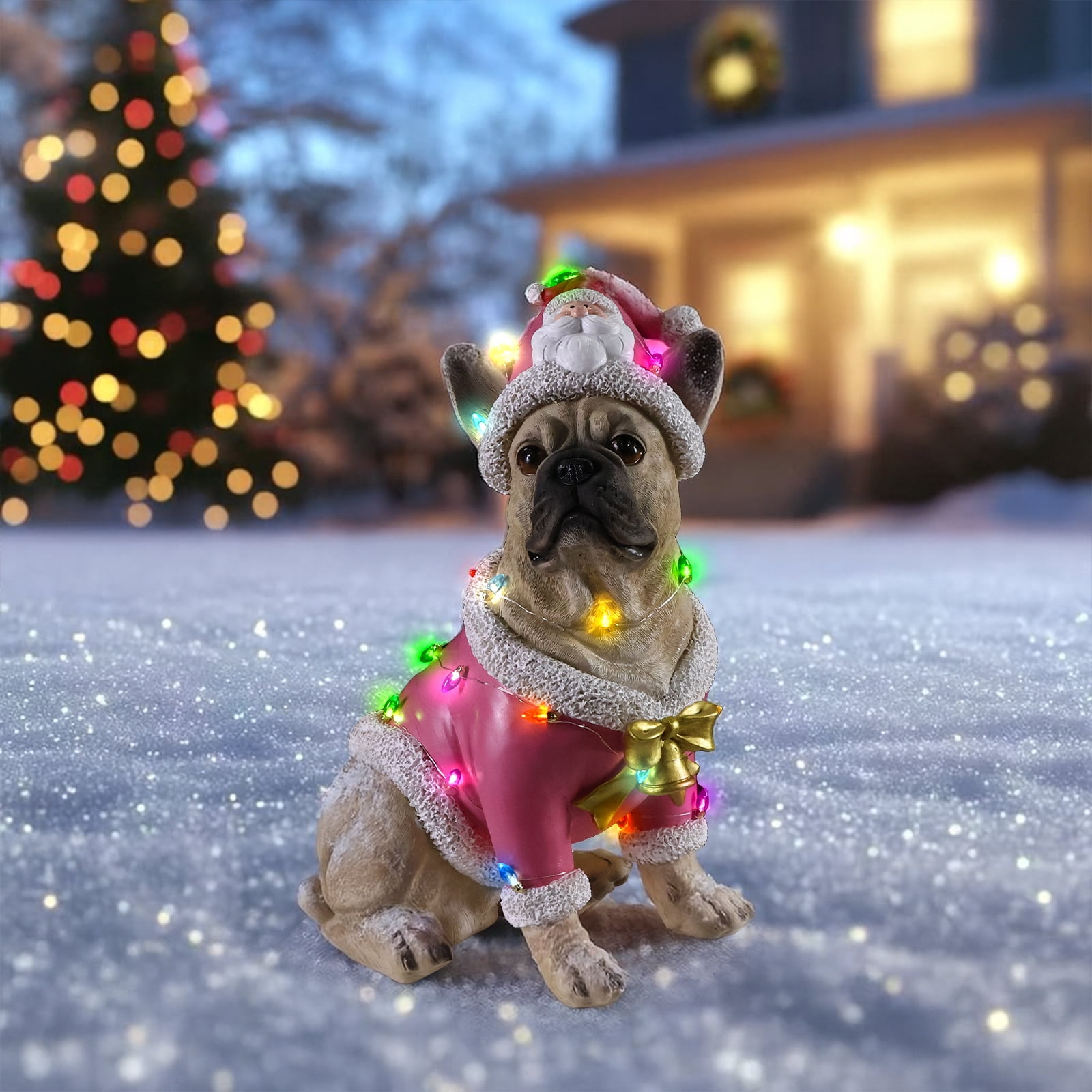 French Bulldog Pink Santa Outfit Christmas Dog Statue with Gold Bow Holiday Tabletop Decor