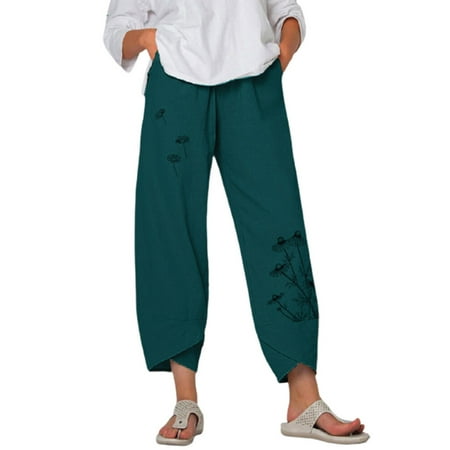 

Womens Cotton Linen Capri Pants Summer Elastic Waisted Casual Pants Wide Leg Loose Fit Comfy Pajama Beach Trousers EKOUSN