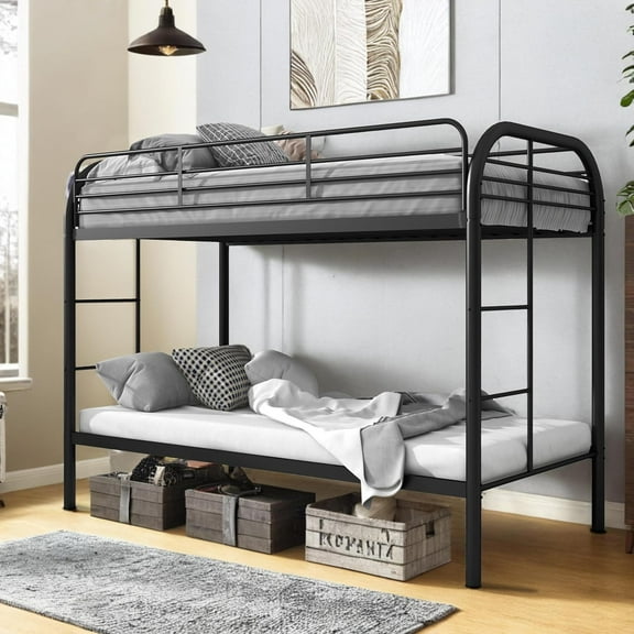 Metal Bunk Bed Twin Over Twin, Heavy Duty Bunk Beds with 2 Ladders and 11.8" Full-Length Guardrail, Space-Saving Bunk Bed with Storage, No Box Spring Needed, Easy Assemble, Black