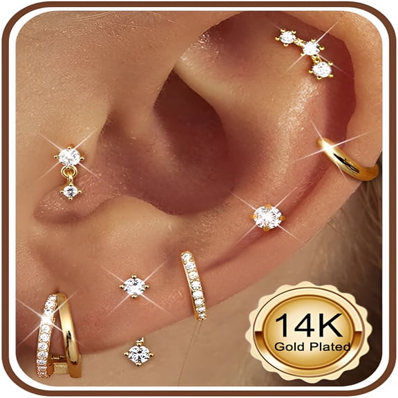 DESIGNICE Hypoallergenic Gold Earrings Stack for Women - 7Pairs Surgical Steel Small Chunky Huggie Hoops & Flat Back Stud Earrings Set Silver Cartilage Jewelry