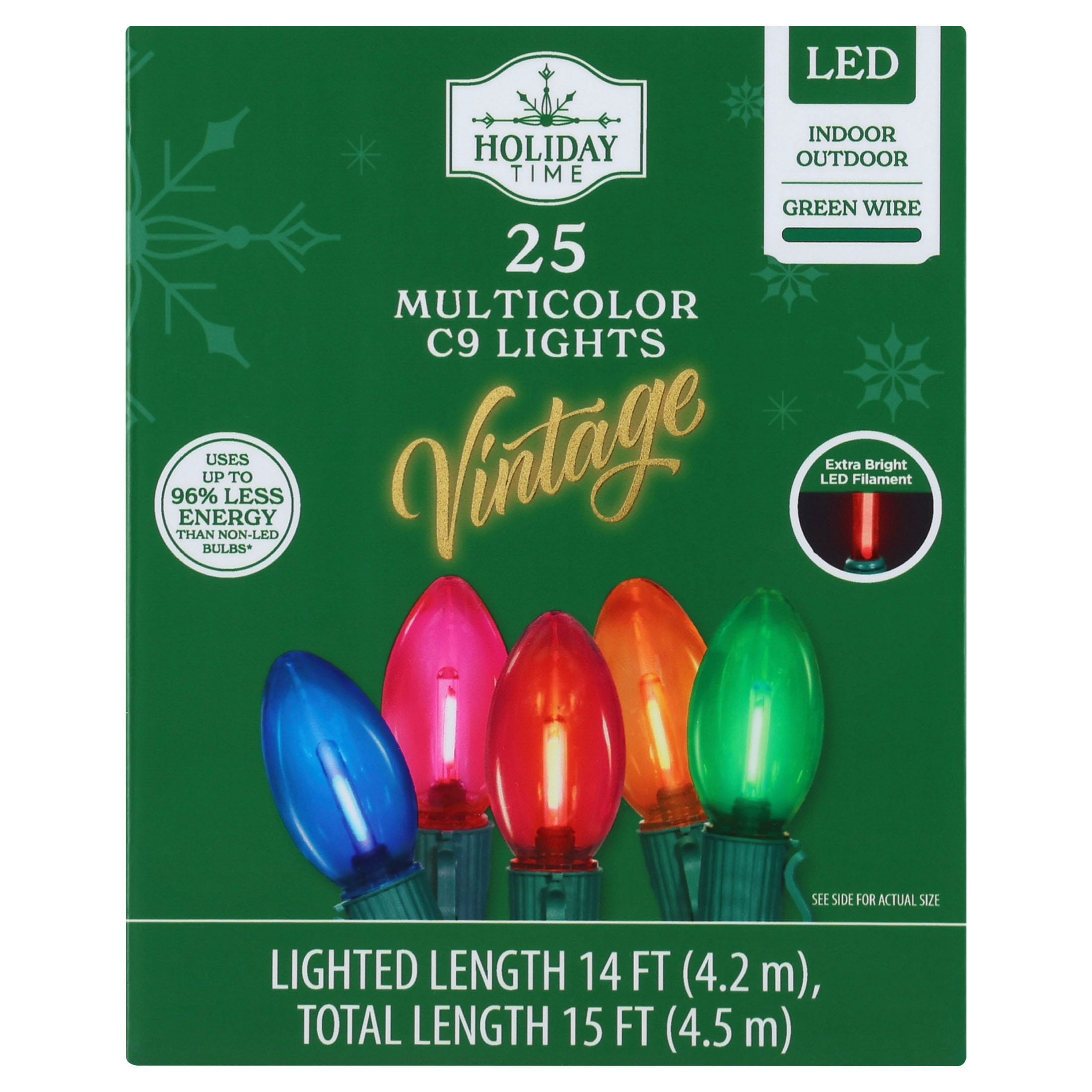 Indoor/Outdoor 25-Count LED Extra Bright Vintage-Style C9 Christmas String Lights, Multicolor, Green Wire, 14', by Holiday Time