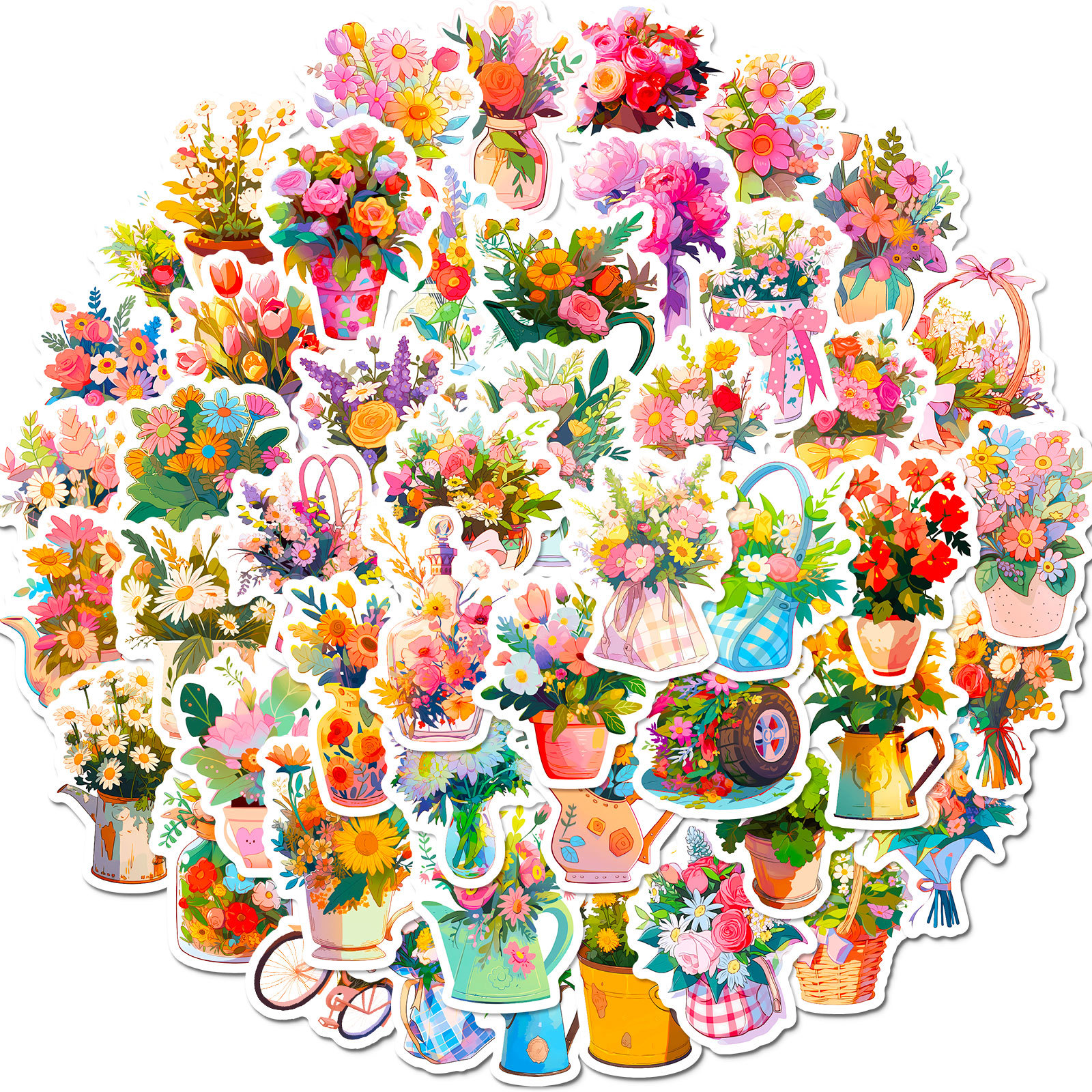 50-Pack Handheld Flower Stickers - Romantic Floral Doodle Designs, Cute Fresh Style, Ideal for DIY Projects and Cross-Border Trends