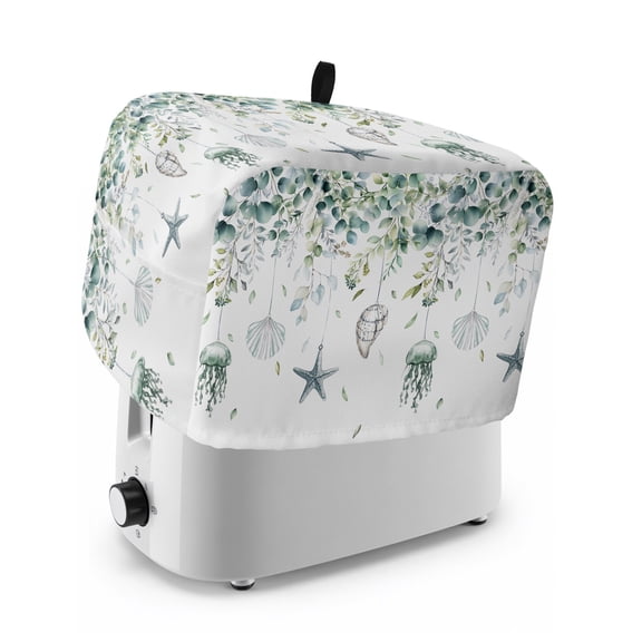 Teal Eucalyptus Coastal Toaster Cover 4 Slice, Beach Starfish Shells Dustproof Bakeware Oven Protector with Top Hook, Waterproof Small Kitchen Appliance Toasters Dust Cover, 12"x11"x8"
