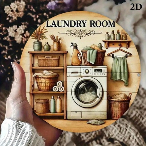 HELLOYOUNG Vintage Round Metal Sign Laundry Room Wall Art, 7.8 Inch 2D Metal Decor, Waterproof Heat Resistant Easy To Hang for Home Kitchen Bedroom Bathroom Cafe