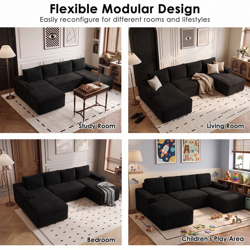 Anpport 133" Boneless Cloud Modular Sectional Couch, Corduroy Sofa with Cup Holders, Side Pockets, Deep Seat, No Assembly Required for Living Room, Black (U‑Shaped)