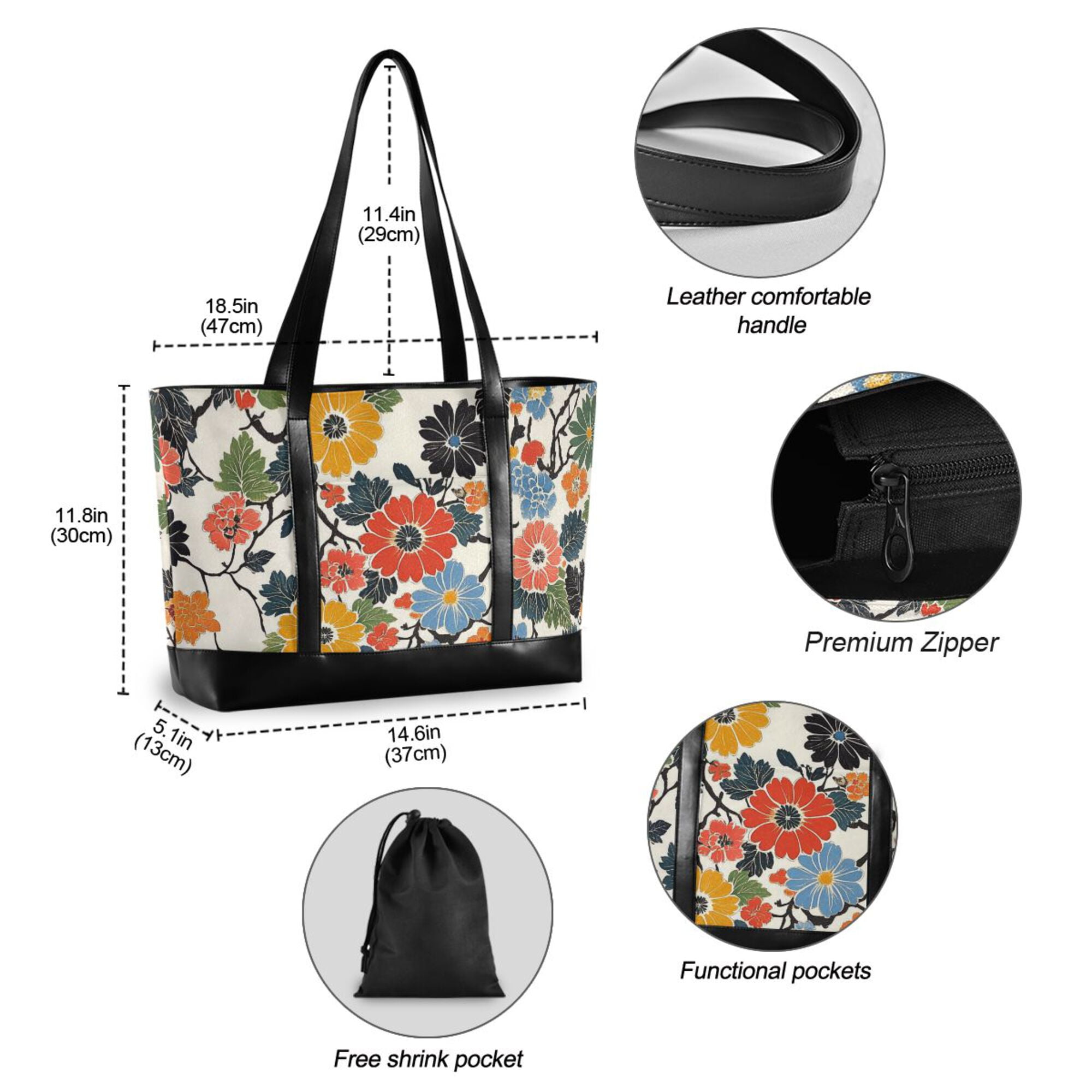 FORMRS Canvas Laptop Tote Bag for Women with 15.6" Computer Compartments Shoulder Handbag, Black Flowers Pattern