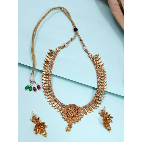 Traditional South Indian Style Pendant Long Necklace with Jhumki Earrings