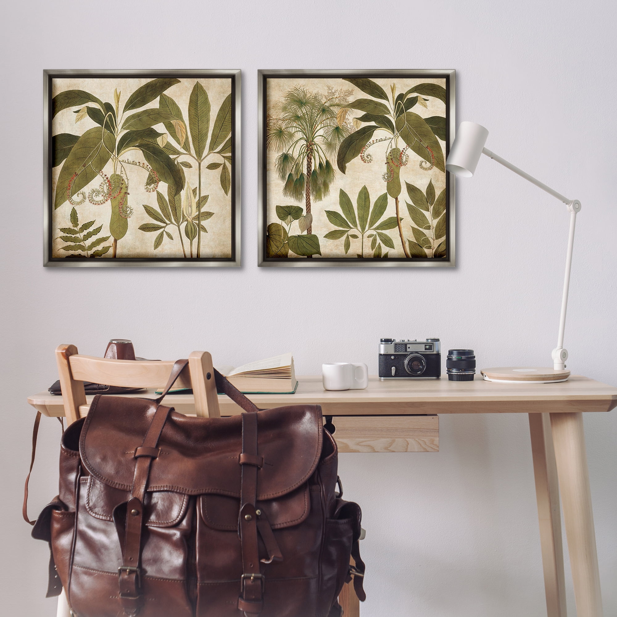 Stupell Industries Vintage Botanical Tropics Plants & Flowers Painting Gray Floater Framed Canvas Art Print Wall Art, 25 x 25, Set of 2