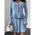 thumbnail image 5 of Women'S Two-Piece Knit Set Long Sleeve V-Neck Sweater with Ruffle Hem Mini Skirt Loungewear Blue M, 5 of 7