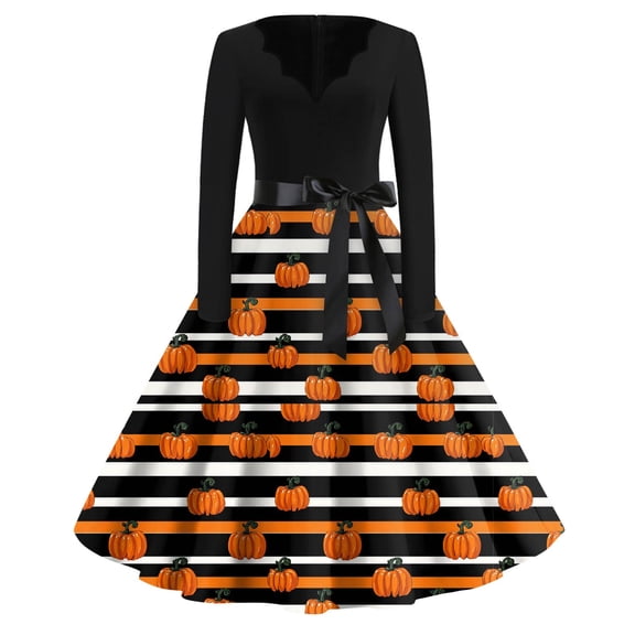 WTOBBY Women's Retro Halloween Printed Dress Featuring V-Neckline, Slim Casual Design, Long Sleeves, and Comfortable Fit for Party Wear ,Black L