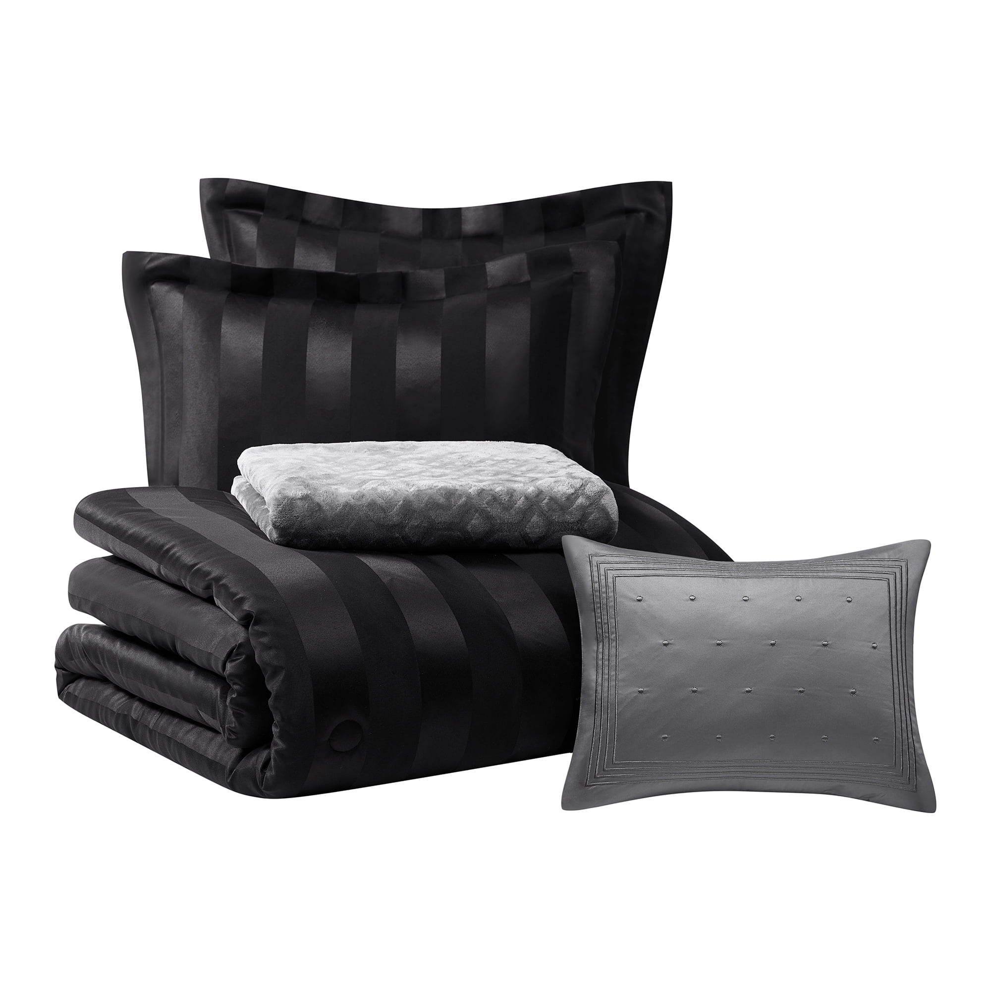 Mainstays Rich Black 5 Piece Damask Stripe Comforter Set, King, Adult, Unisex