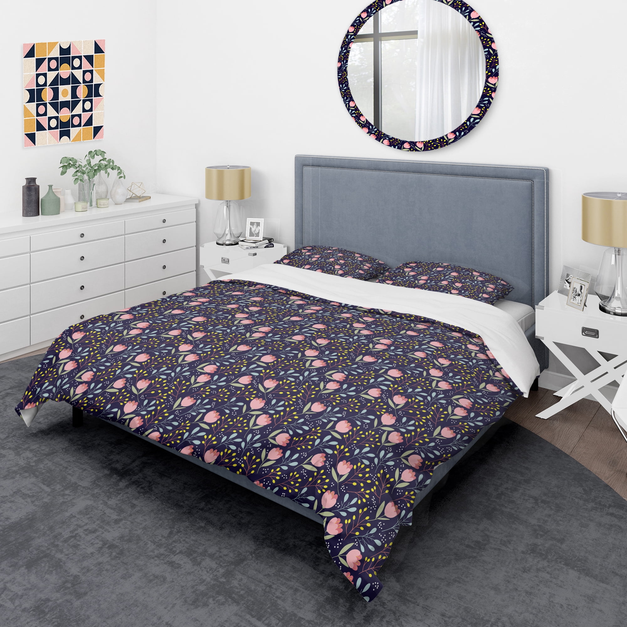 Designart 'Handdrawn Pink Flowers ' Mid-Century Modern Duvet Cover Set
