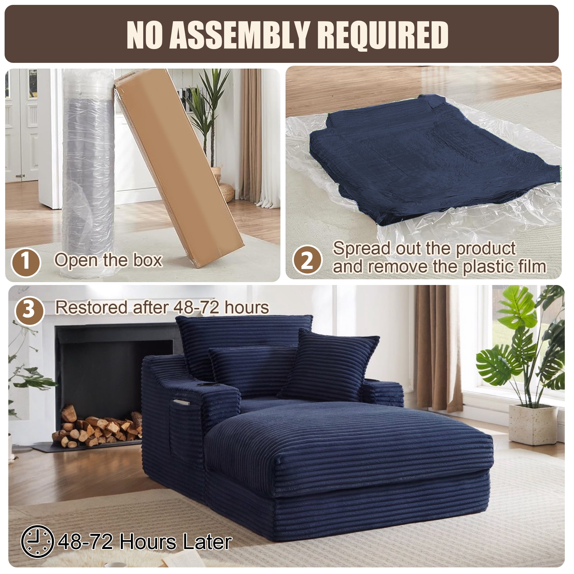 Kosynda 68"D Oversized Chaise Lounge Chair Indoor with Storage, Corduroy Upholstered Boneless Sleeper Sofa Bed with Cup Holder for Living Room, Bedroom, Blue