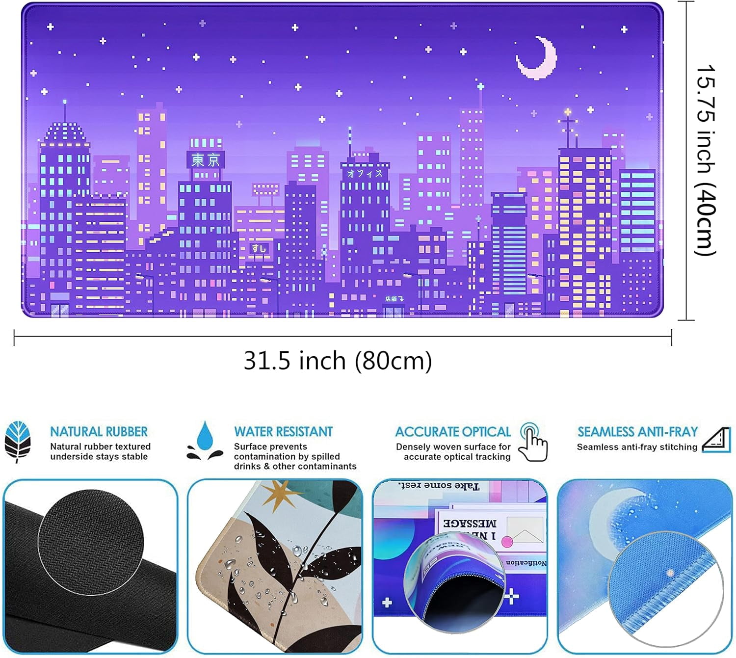 Purple Anime Tokyo City Mousepad Retro Neon Pixel XXL Deskmat, Gaming Anime Cool Kawaii Large Mouse Pad, 31.5x15.75 Inch, Perfect for Girl Gamers
