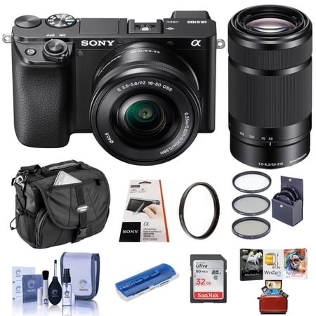 Sony Alpha a6100 Mirrorless Camera with 16-50mm + 55-210mm Lenses - Bundle with Camera Case 32GB SDHC Card 40.5mm Filter Kit 49mm UV Filter Card Reader LCD Protector Cleaning Kit Mac Software