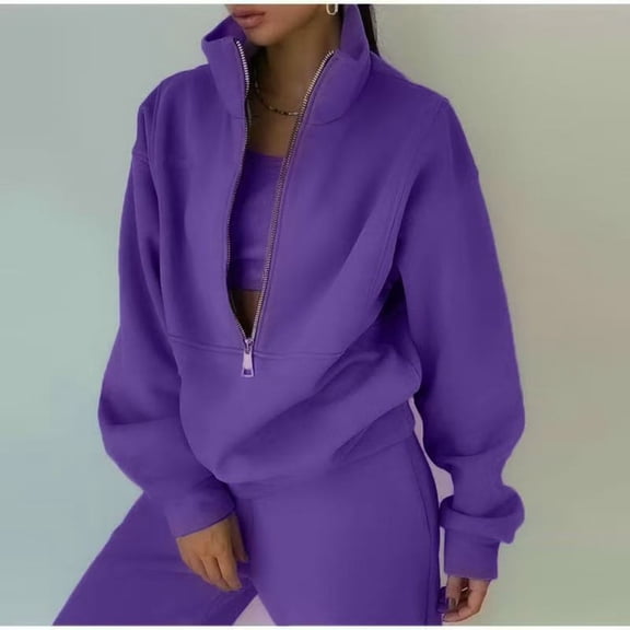LYMAYTER Women Sweatsuit Outfit Solid Color Lounge Sets Long Sleeve Half Zip Sweatshirt Sets XS-5XL