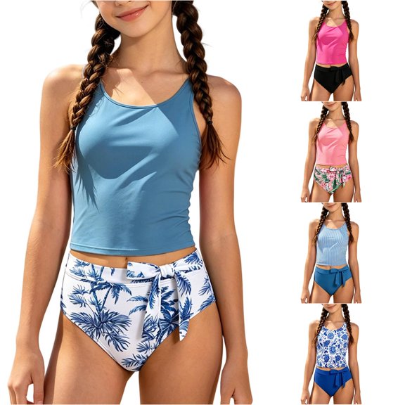 JAJAHO Girls Tankini Swimsuits Two Piece Swimwear Hallow Out Backless Swim Tank Tops And High Waisted Briefs Bottom Set For Kids Teens 7-16Y Stylish Beachwear