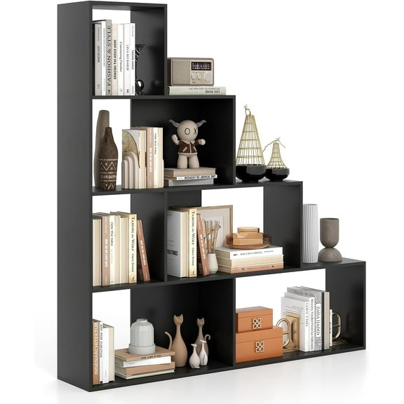 Tangkula 4-Tier Stepped Bookshelf, Freestanding 6 Cubes Ladder Bookcase with Anti-Tipping Kits, 64" Tall Modern Wooden Storage Display Rack for Home Office Living Room Study (1, Black)