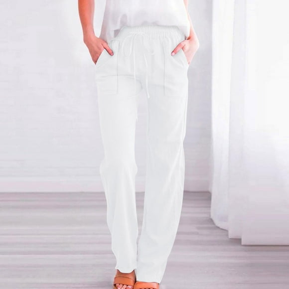 Nfurl Women's Cotton Linen Pants with Pockets Fitted Drawstring Elastic Waist Cotton Linen Trouser Pant Casual Summer Pants White S