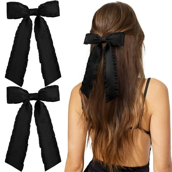 Triani 2Pcs Silky Satin Hair Bows Tassel Hair Ribbon Bowknot Hair Clips Barrettes Accessories for Girl with Long Tail for Any Occasion (Black)